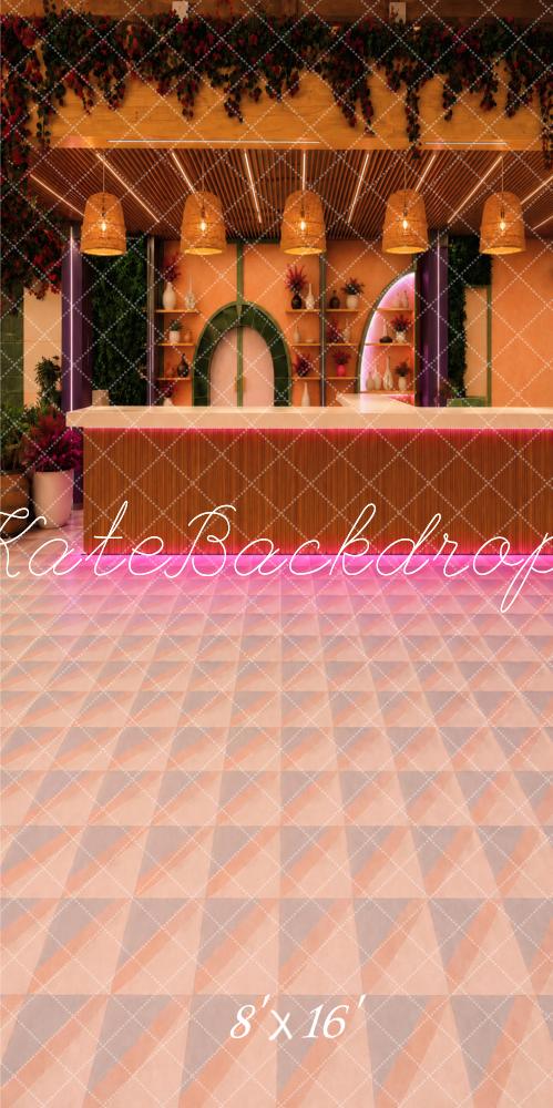 Kate Sweep Tropical Orange Cocktail Bar Pink Neon Printed Backdrop Designed by Vertigo Productions