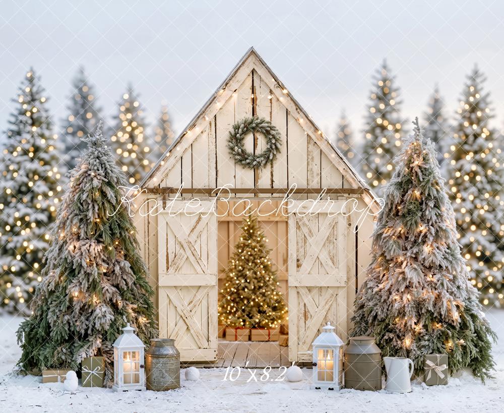 Kate Christmas Rustic White Barn Snowy Forest Lanterns Printed Backdrop Designed by Emetselch