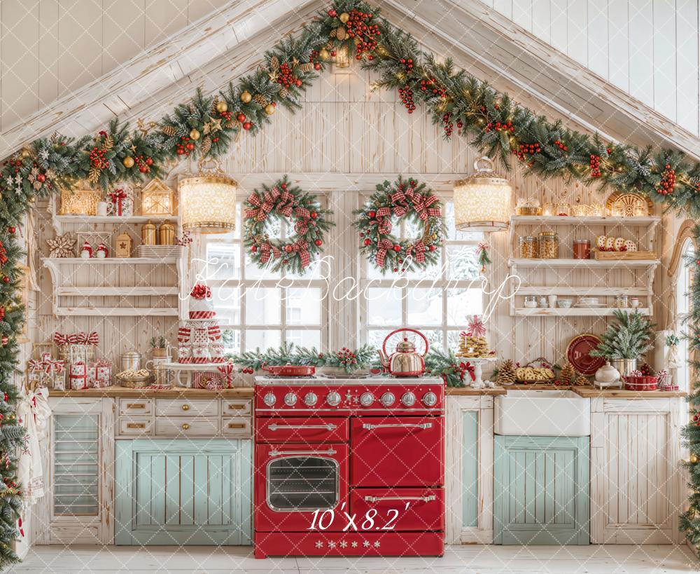 Kate Christmas Kitchen Cabinets Garland Wreath Red Stove Backdrop Designed by Emetselch