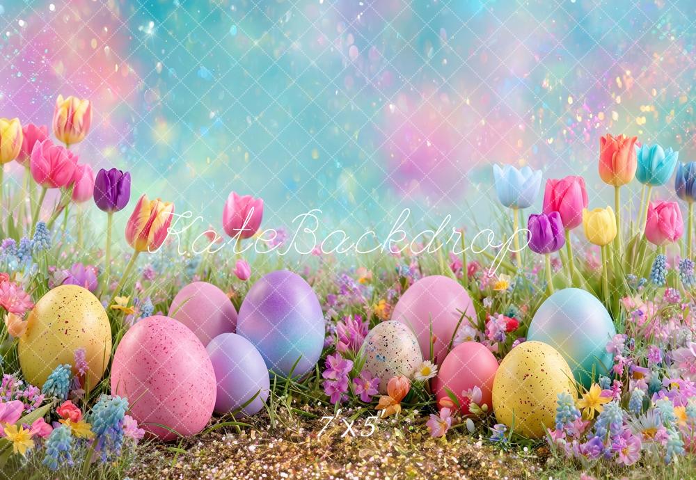 Kate Easter Colorful Eggs Tulip Flower Garden Field Printed Backdrop Designed by Angela Miller