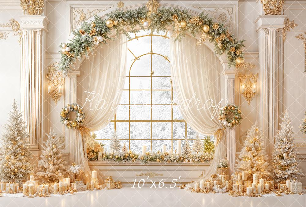 Kate Christmas Luxury Arched Window Gold White Garland Trees Candles Backdrop Designed by Emetselch