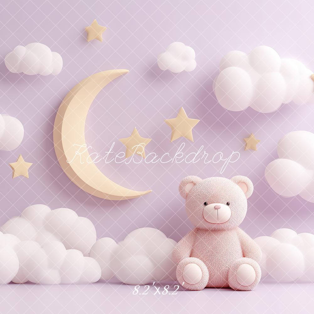 Kate Cake Smash Moon Clouds Stars Pink Teddy Bear Printed Backdrop Designed by Angela Miller