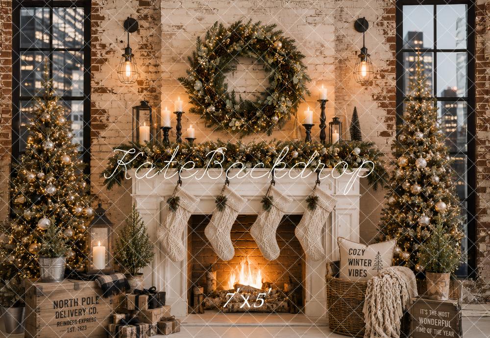 Kate Christmas Urban Fireplace Wreath Stockings Printed Backdrop Designed by Ashley Paul