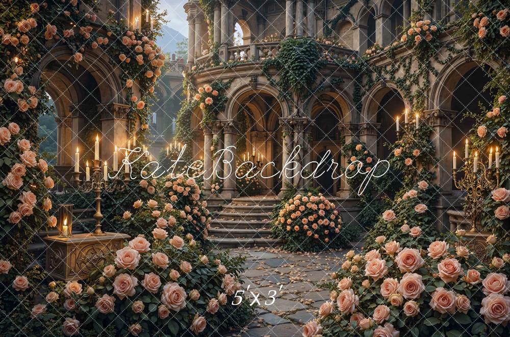Kate Spring Flower Arch Candlelight Cascading Stairs Printed Backdrop Designed by Mini MakeBelieve