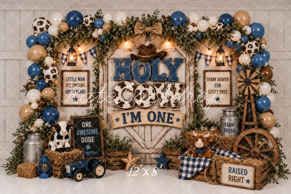 Kate Cake Smash Cowboy Farm First Birthday Balloons Blue Printed Backdrop Designed by Ashley Paul