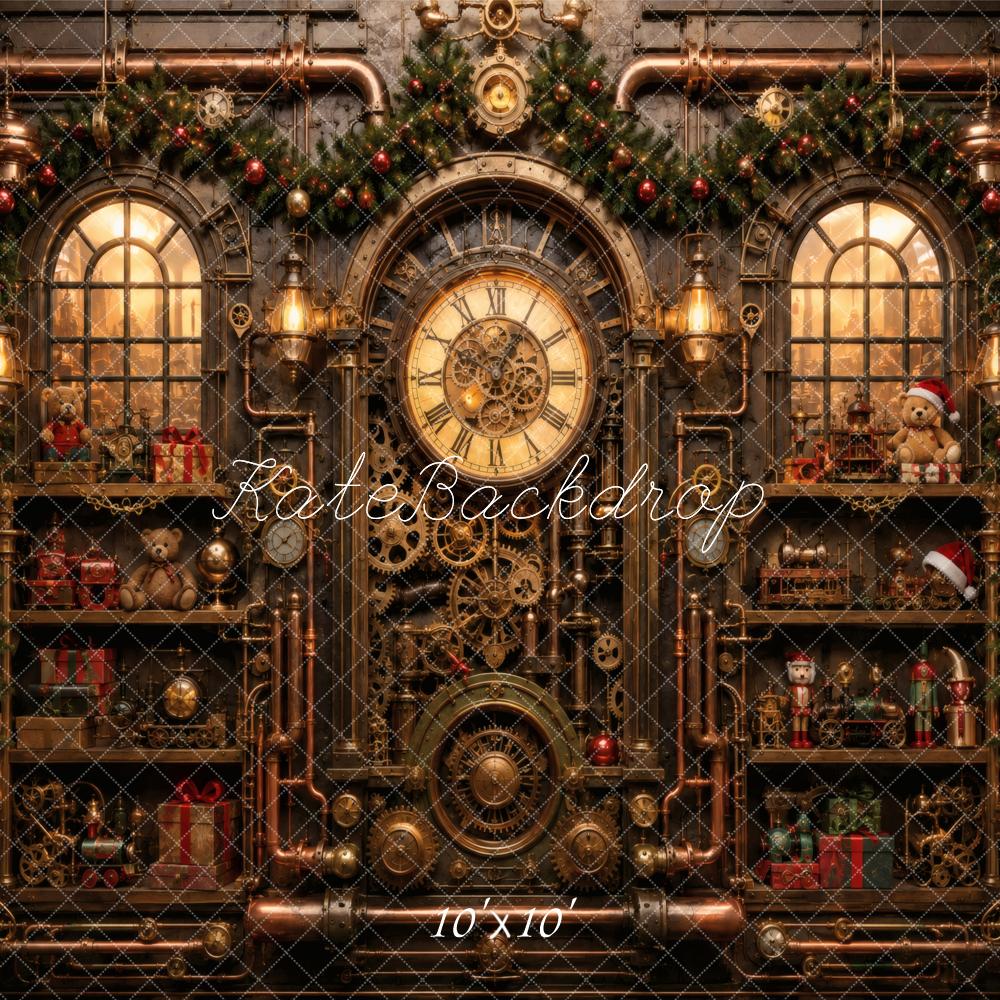 Kate Christmas Steampunk Clockwork Workshop Window Shelves Printed Backdrop Designed by Vertigo Productions
