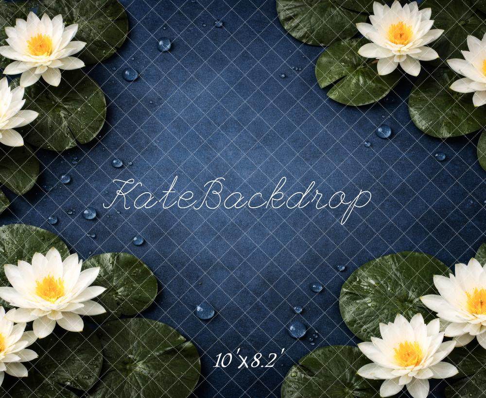 Kate Newborn White Water Lilies Lily Pads Blue Water Backdrop Designed by Megan Leigh Photography