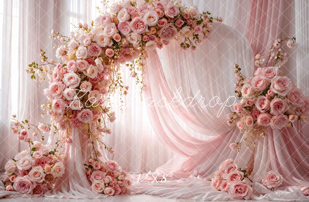 Kate Mother's Day Flower Arch Pink Roses Draped Curtains Backdrop Designed by Emetselch