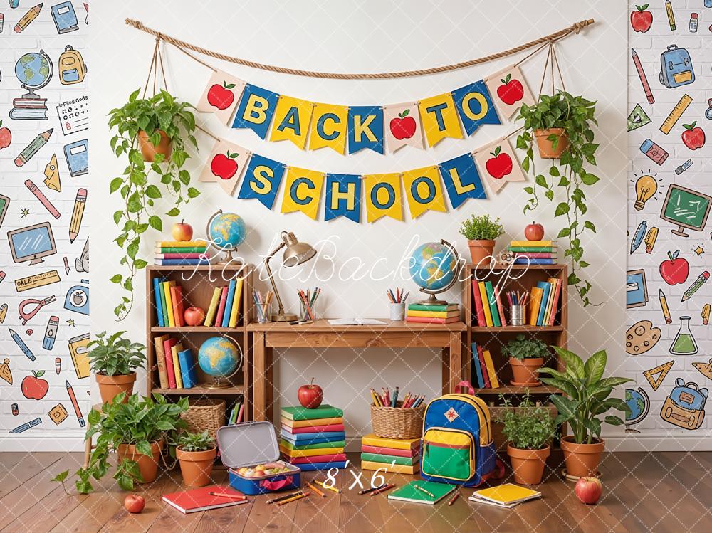 Kate Back To School Classroom Desk Books Plants Globe Backdrop Designed by Emetselch