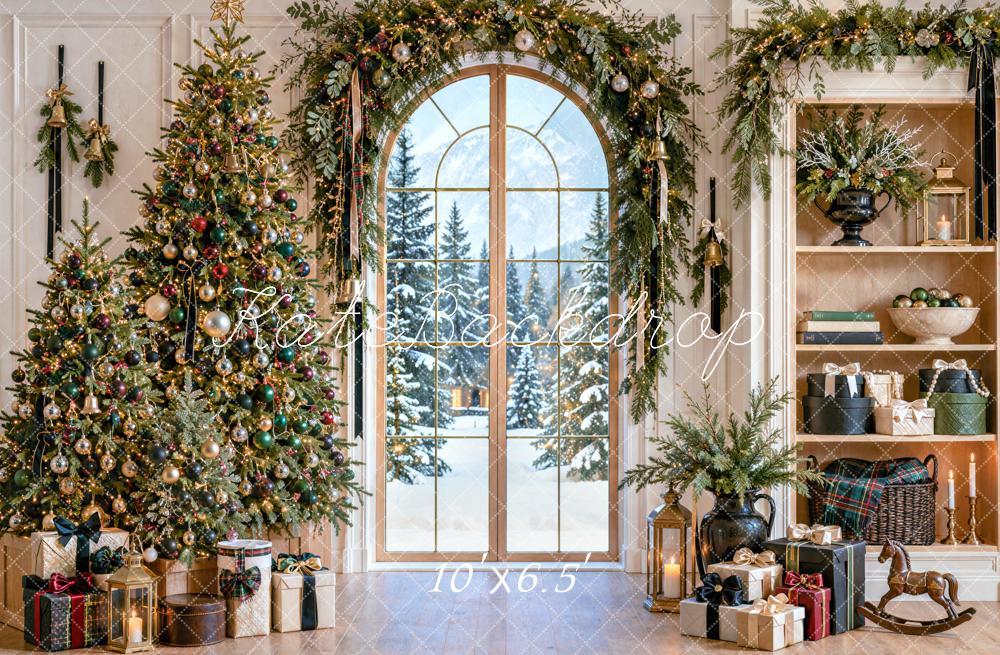 Kate Christmas Tree Garland Arched Window Shelf Printed Backdrop Designed by Mini MakeBelieve