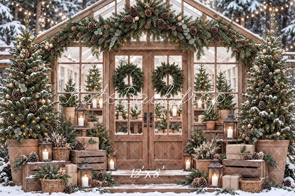 Kate Christmas Snowy Greenhouse Garland Wreath Printed Backdrop Designed by Emetselch