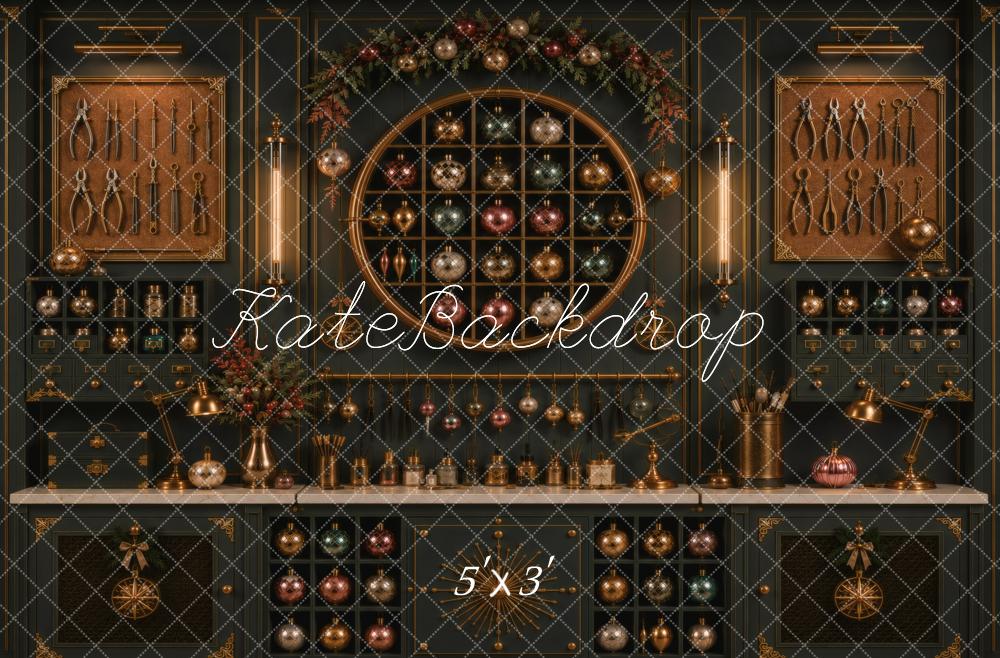 Kate Christmas Dark Cabinet Ornaments Workshop Printed Backdrop Designed by Vertigo Productions