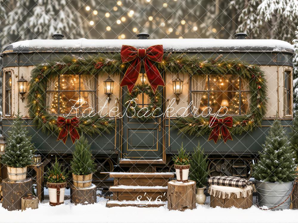 Kate Christmas Snowy Garland Trailer Res Bow Printed Backdrop Designed by Emetselch