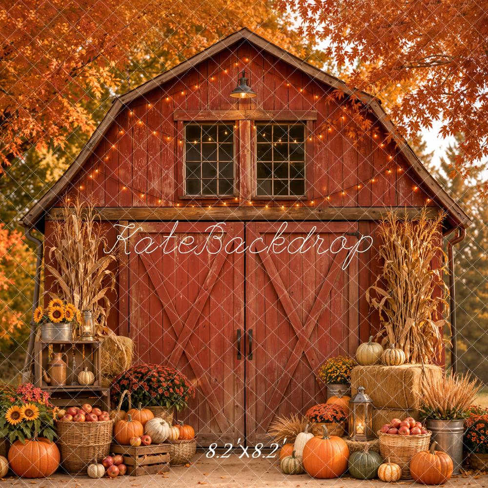 Kate Fall Red Barn Pumpkins Sunflower Lantern Harvest Forest Printed Backdrop Designed by Emetselch