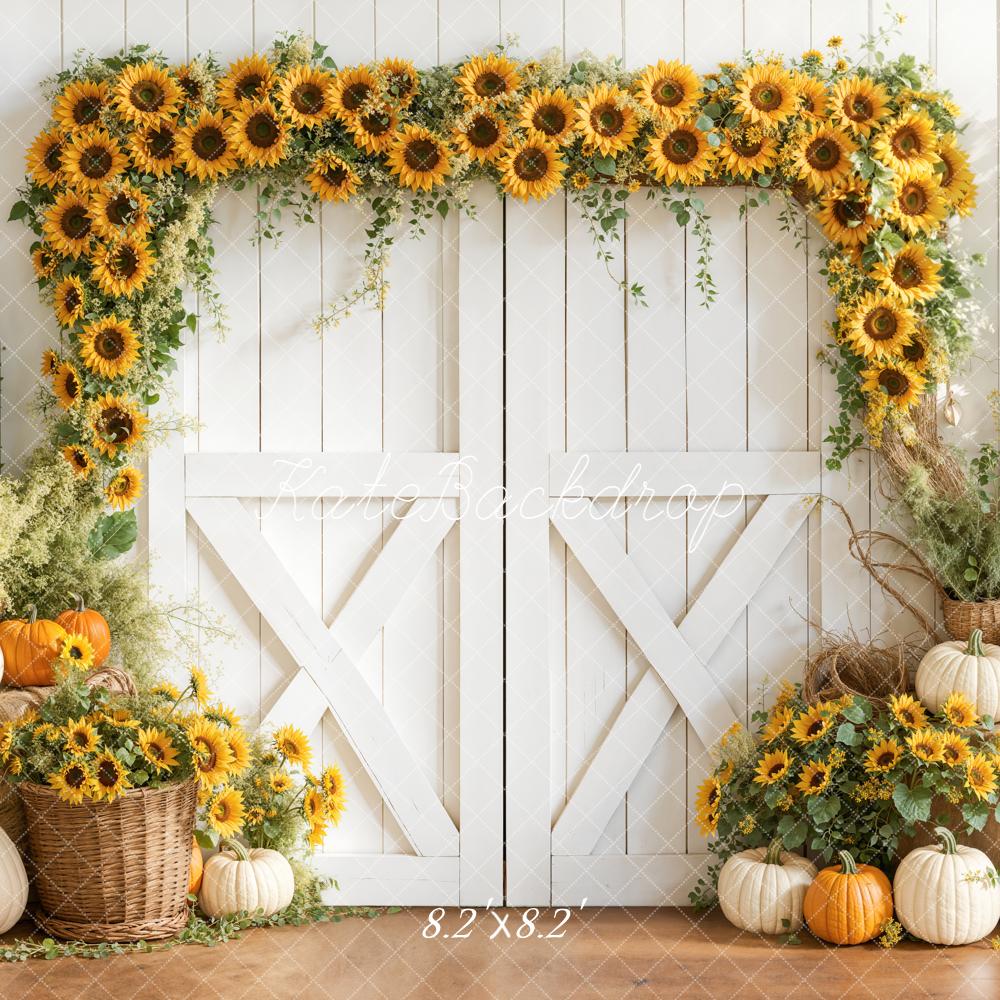 Kate Fall Sunflower Arch White Barn Pumpkins Rustic Backdrop Designed by Emetselch