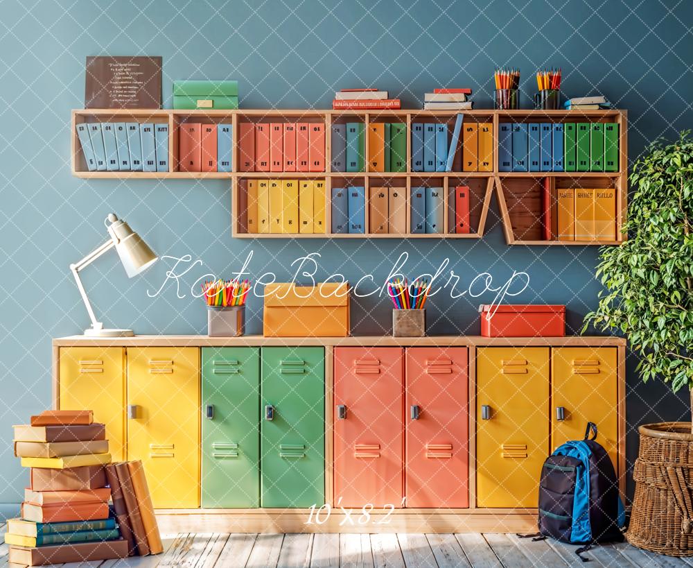 Back to School Kleurvolle Locker Boekenplank Foto Achtergrond Designed by Emetselch