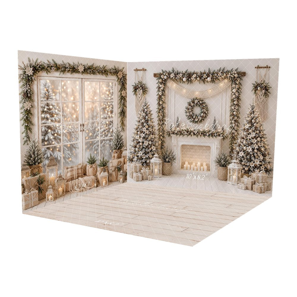 Kate Christmas Fireplace Boho Poinsettia Garland White Trees Gifts Printed Backdrop Room Set