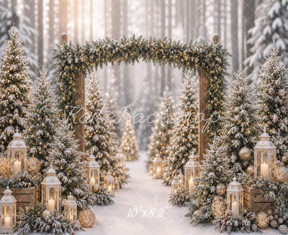 Kate Christmas Pine Arch Snowy Forest Lanterns Printed Backdrop Designed by Emetselch