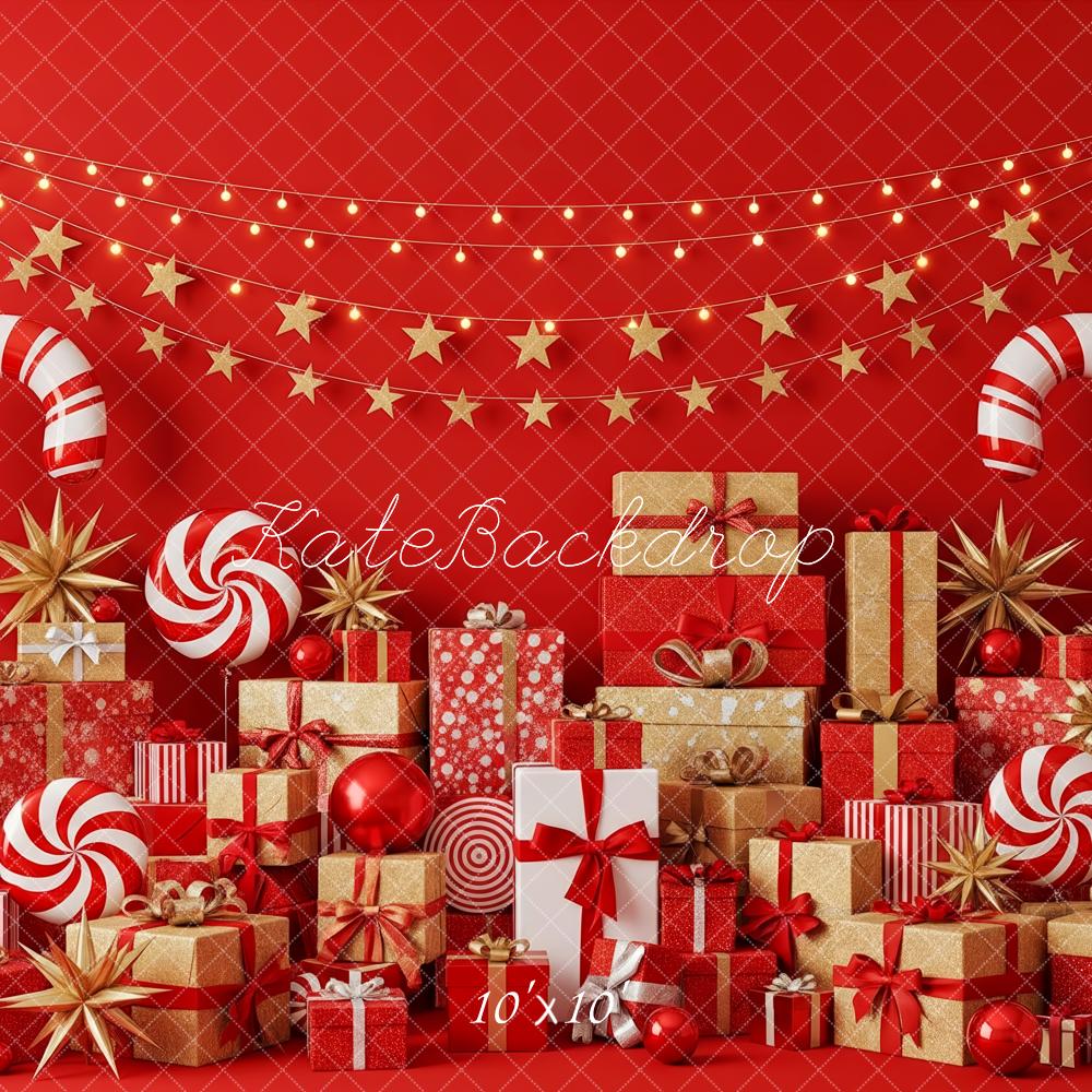 Kate Christmas Red Candy Canes Gift Boxes Stars Balloons Backdrop Designed by Patty Roberts