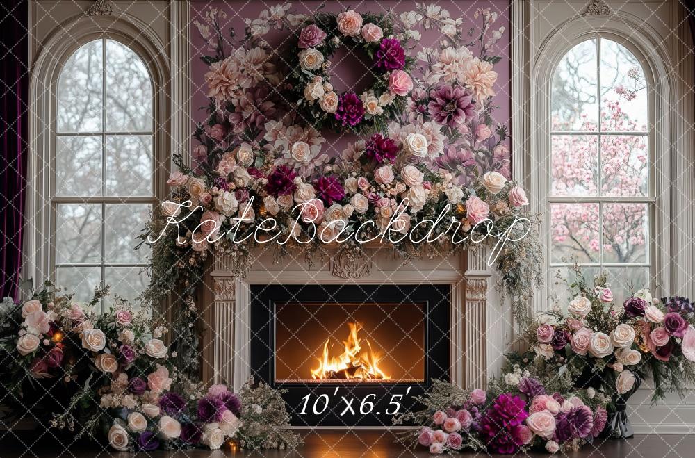 Fondo de chimenea floral morado retro de primavera diseñado por Mini MakeBelieve