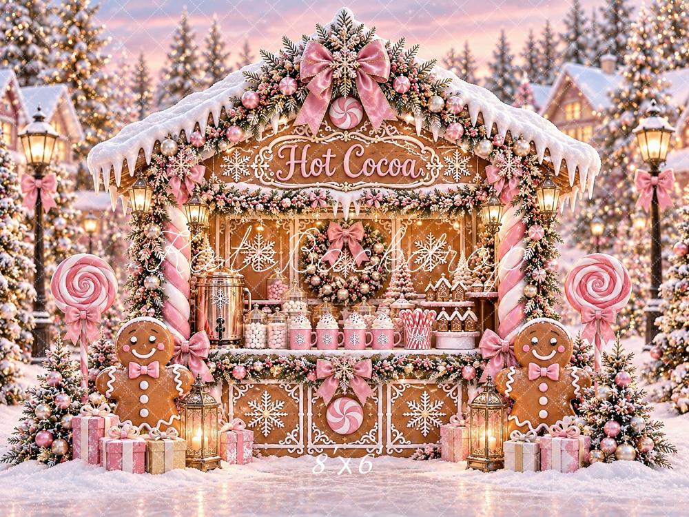 Kate Christmas Pink Gingerbread Hot Cocoa Stand Snowy Printed Backdrop Designed by Ashley Paul