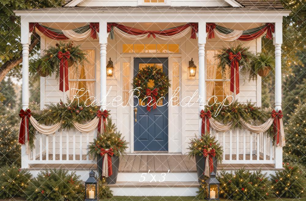 Kate Christmas Porch Garland Wreath Lantern Red Bows Printed Backdrop Designed by Emetselch