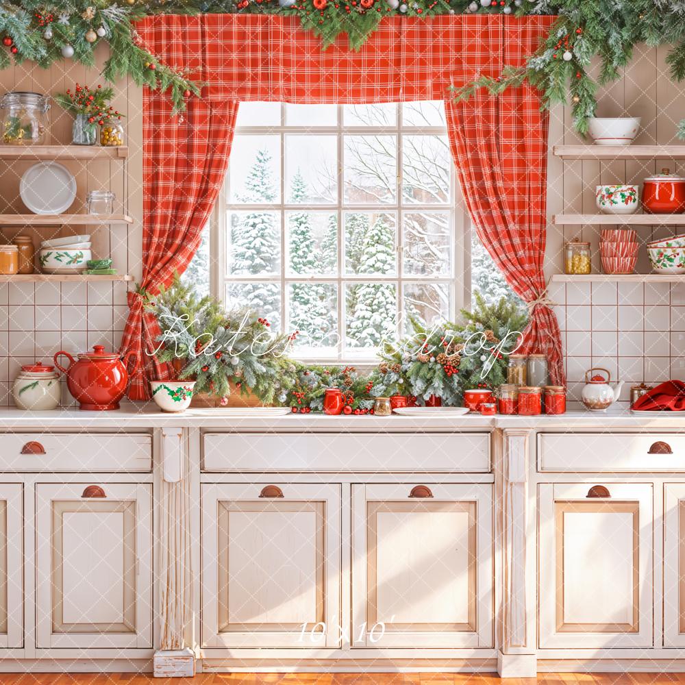 Kate Christmas Kitchen Cabinet Window Red Curtain Backdrop Designed by Emetselch