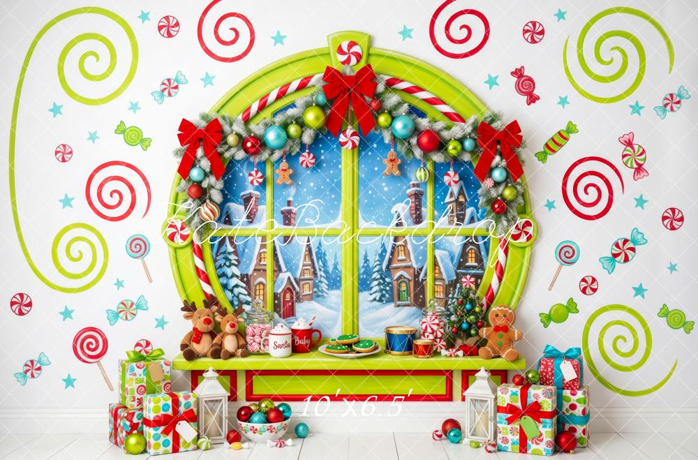 Kate Christmas Whimstical Candy Window Village Printed Backdrop Designed by Patty Roberts