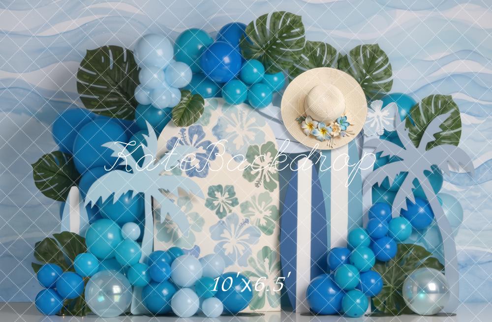 Kate Summer Palm Leaves Blue Balloons Straw Hat Printed Backdrop Designed by Emetselch