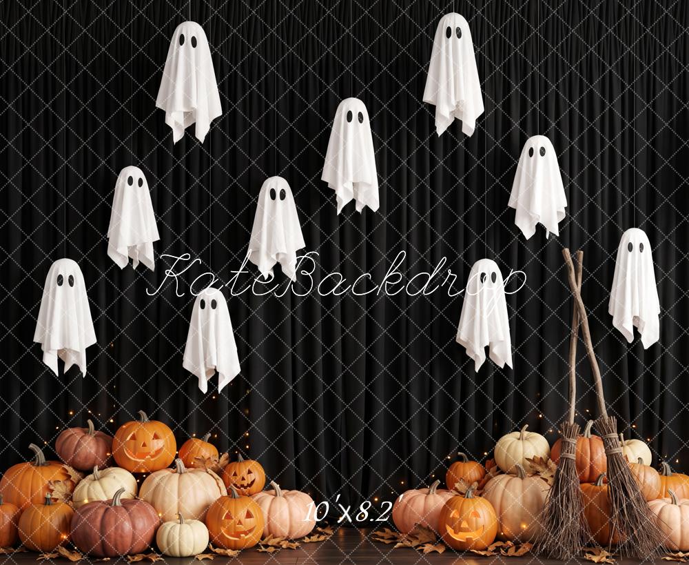 Kate Halloween Ghost Pumpkin Broom Black Wall Printed Backdrop Designed by Patty Roberts