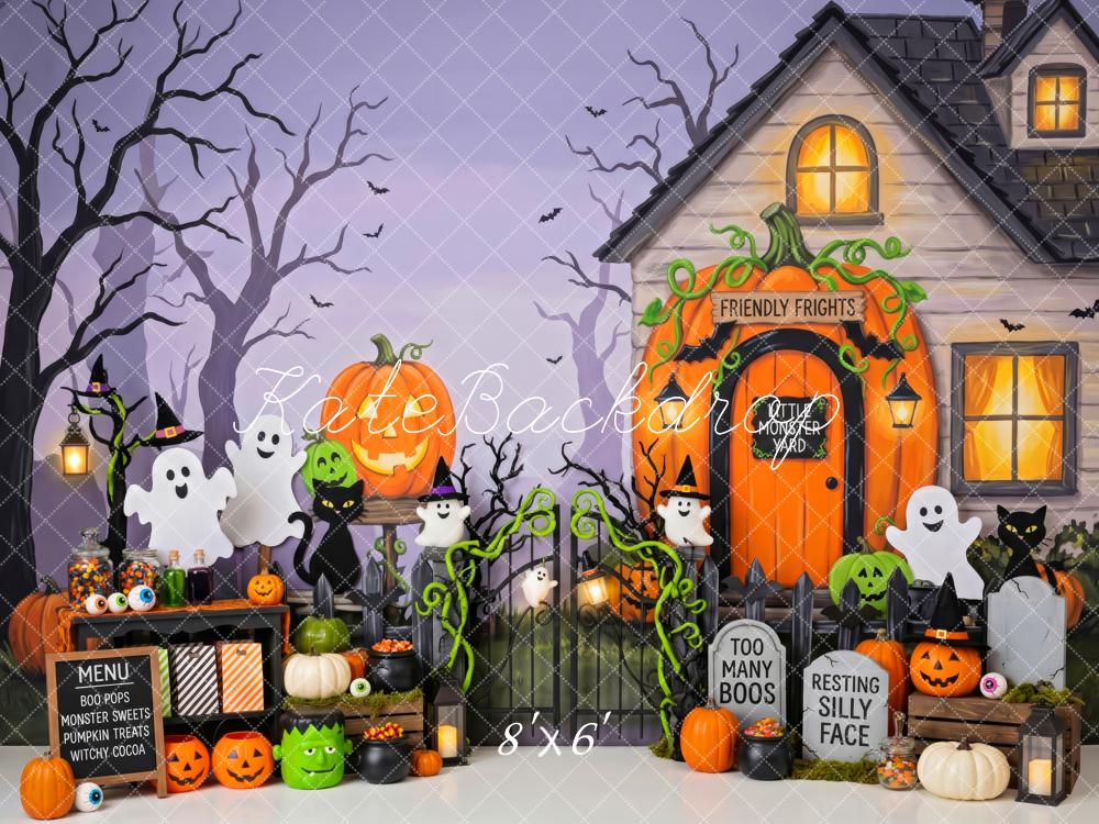 Kate Halloween Trick Or Treat Haunted House Pumpkins Ghosts Printed Backdrop Designed by Patty Roberts