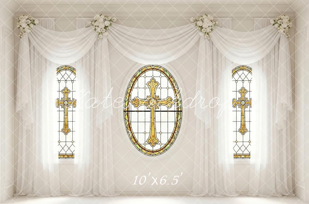 Kate Stained Glass Cross Window White Drapes Floral Backdrop Designed by Patty Roberts