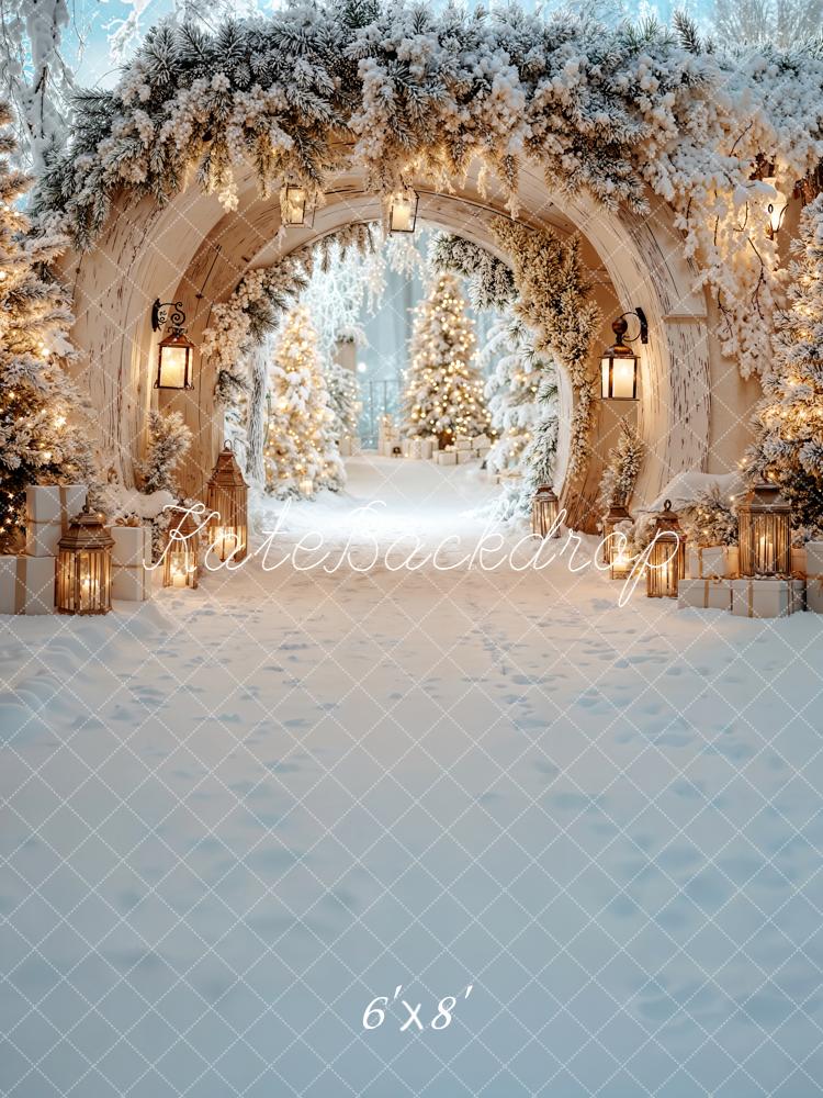 Kate Christmas Snowy Archway Pine Trees Lanterns Backdrop Designed by Emetselch
