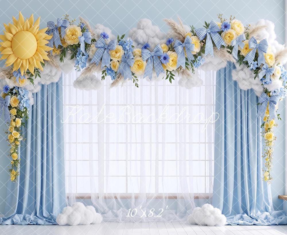 Kate Spring Floral Arch Blue Window Sun Clouds Gingham Bows Printed Backdrop Designed by Angela Miller