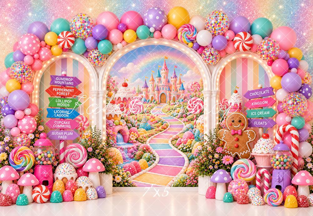 Kate Cake Smash Fantasy Candy Castle Lollipop Gingerbread Balloon Arch Printed Backdrop Designed by Ashley Paul
