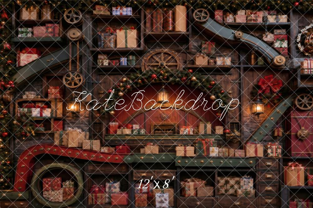 Kate Christmas Workshop Conveyor Shelves Presents Garland Printed Backdrop Designed by Vertigo Productions