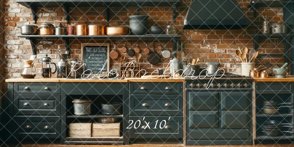 Kate Rustic Kitchen Brick Wall Shelves Cookware Backdrop Designed by Chain Photography