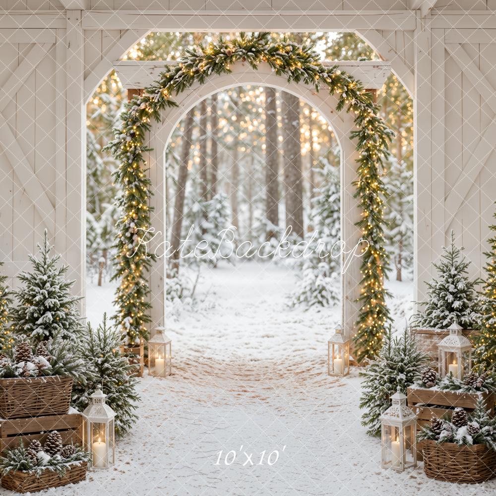 Kate Christmas Barn Arch Snowy Trees Lanterns Printed Backdrop Designed by Emetselch