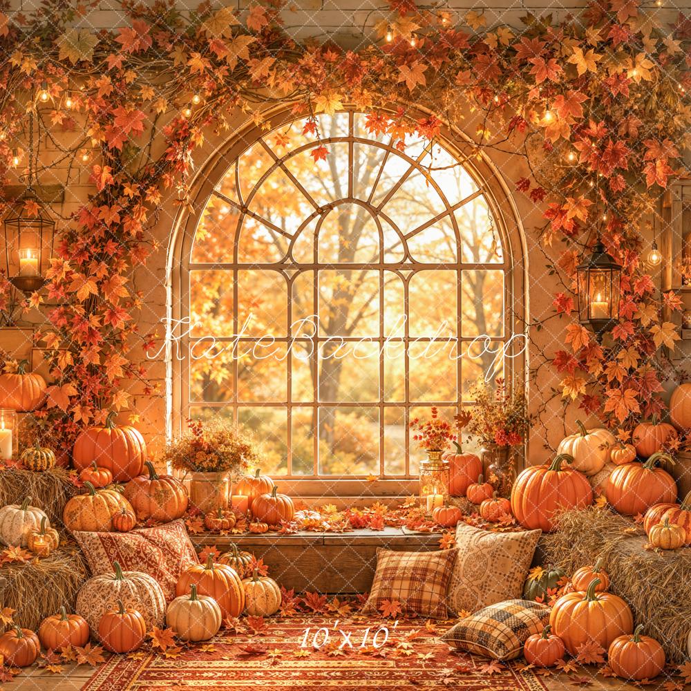 Kate Fall Pumpkins Window Arch Maple Leaves Printed Backdrop Designed by Emetselch