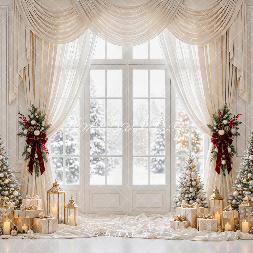 Kate Christmas White Window Curtains Christmas Trees Gift Boxes Lanterns Printed Backdrop Designed by Emetselch