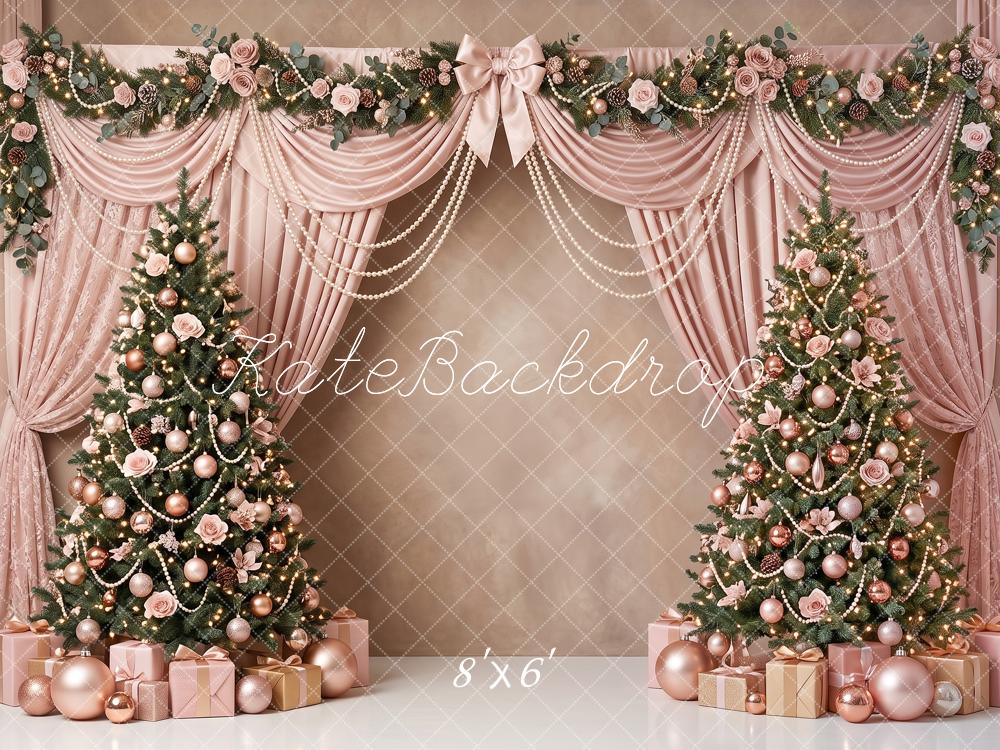 Kate Christmas Trees Pink Drapes Pearl Swags Floral Printed Backdrop Designed by Angela Miller