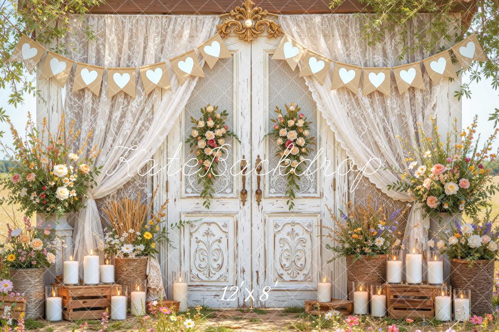Kate Spring Vintage French Doors Floral Lace Hearts Printed Backdrop Designed by Mini MakeBelieve