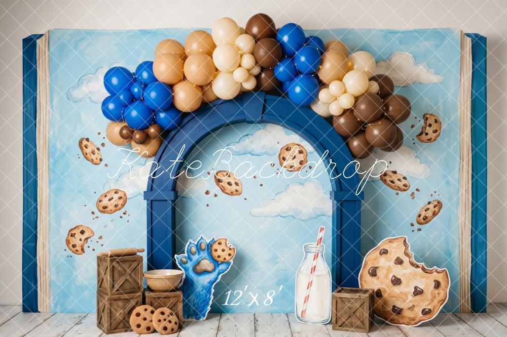 Kate Cake Smash Blue Cookie Character Milk Balloon Arch Printed Backdrop Designed by Patty Roberts