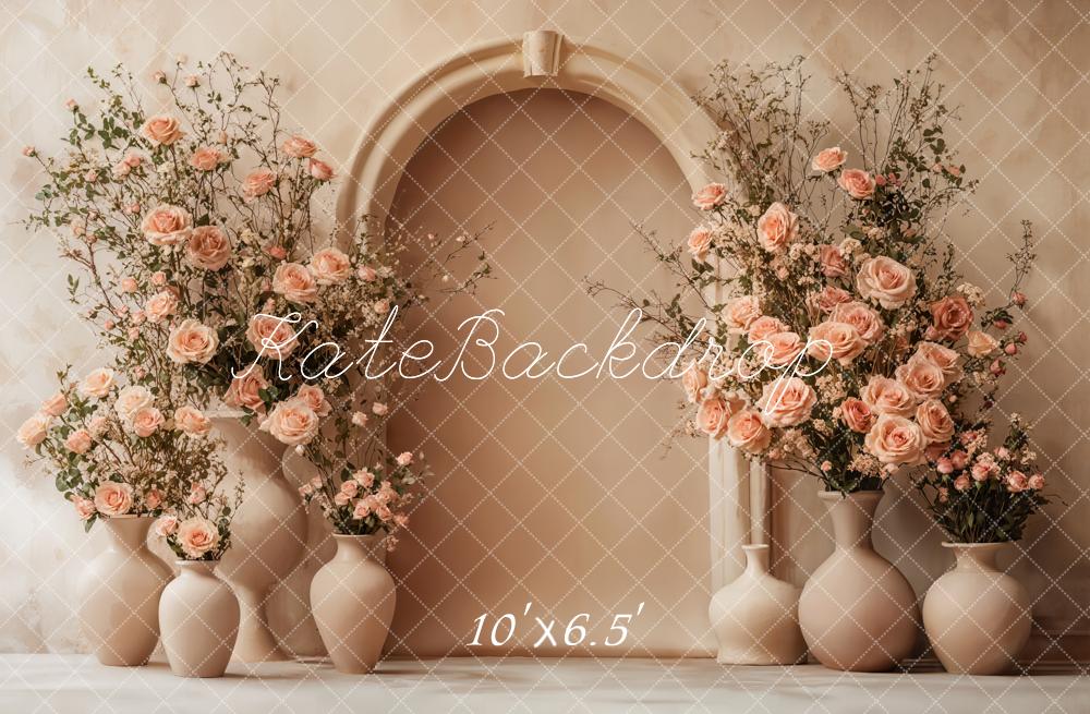 Kate Mother's Day Floral Arch Peach Roses Beige Backdrop Designed by Emetselch