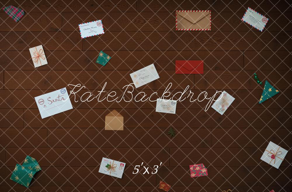 Kate Christmas Letters Envelopes And Gifts On Brown Wood Floor Printed Backdrop Designed by Mini MakeBelieve
