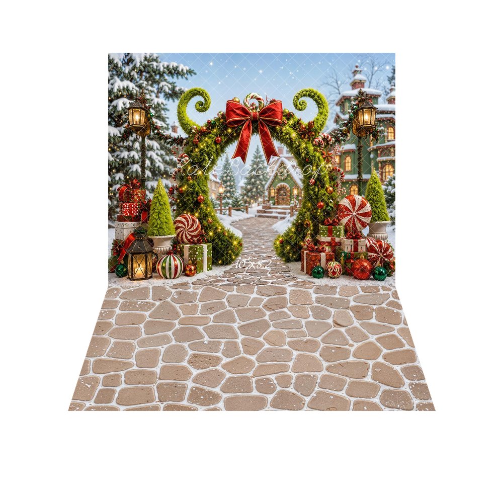 Kate Christmas Fantasy Green Arch Peppermint Presents Snow Village Printed Backdrop+Beige Cobblestone Wall Texture Printed Backdrop