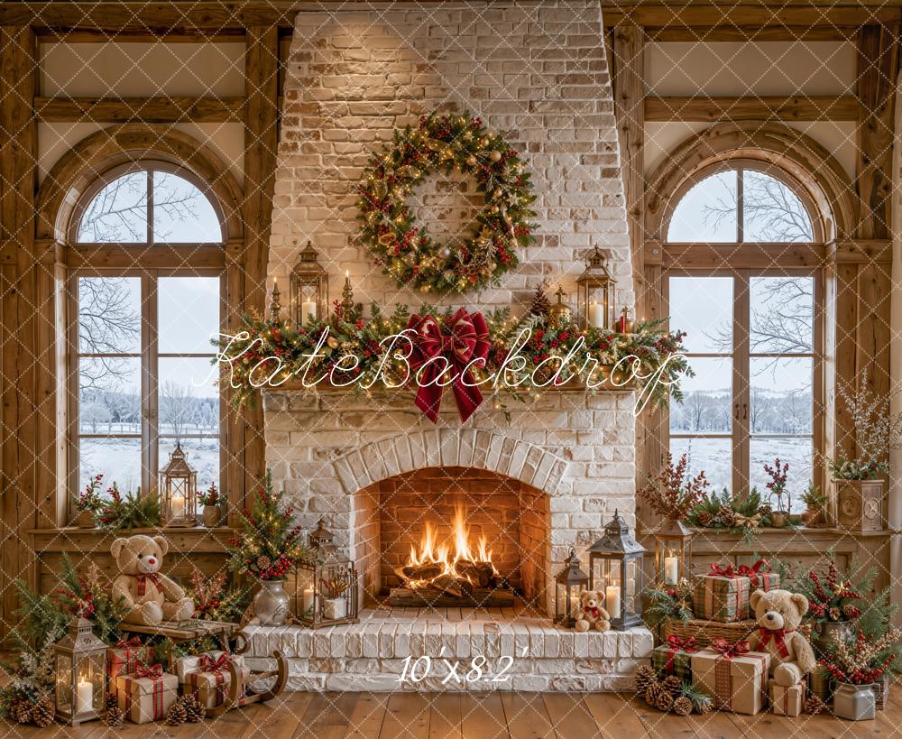 TEST Kate Christmas Fireplace Stone Garland Wreath Teddy Bear Gifts Printed Backdrop Designed by Emetselch