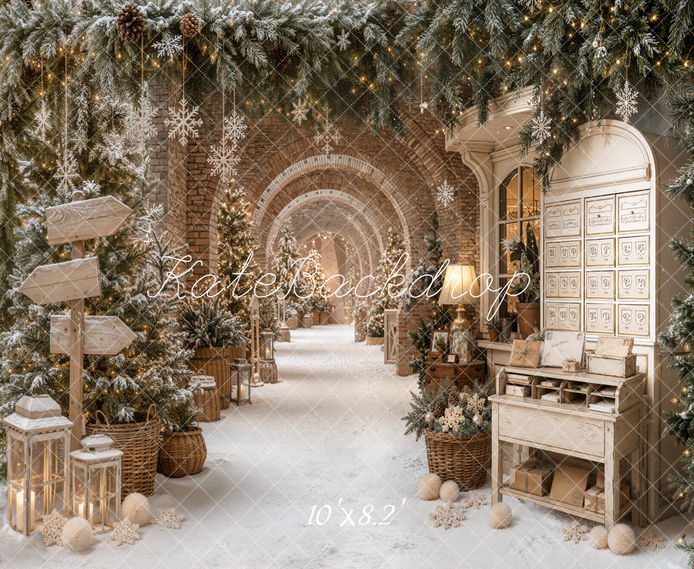 Kate Christmas Snowy Archway Pine Trees Snowflake Lanterns Printed Backdrop Designed by Emetselch
