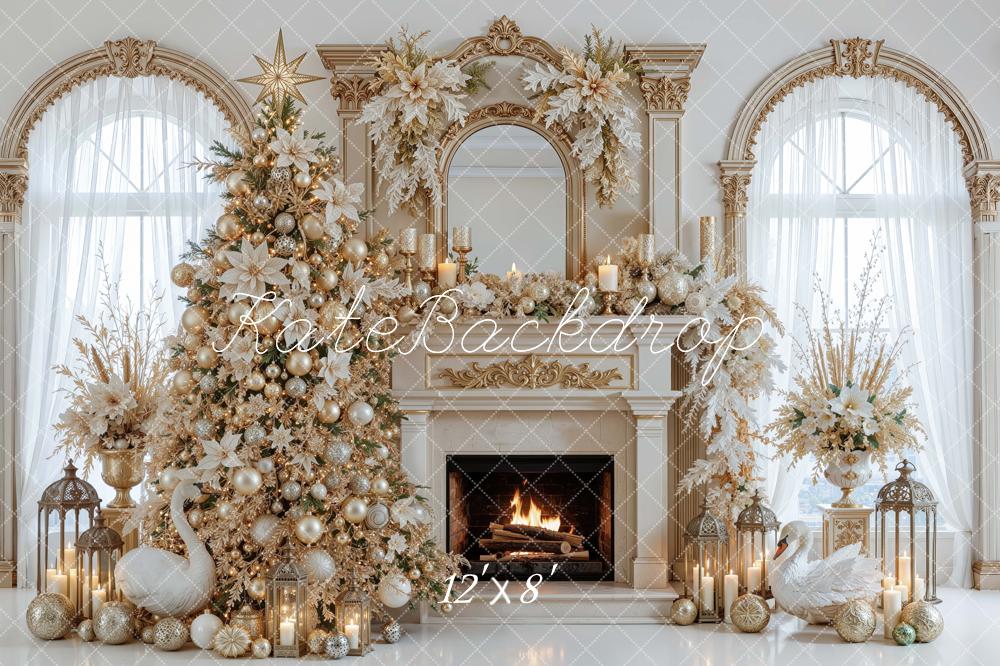 Kate Christmas Tree Luxury Gold Fireplace Garland Poinsettia Printed Backdrop Designed by Mini MakeBelieve
