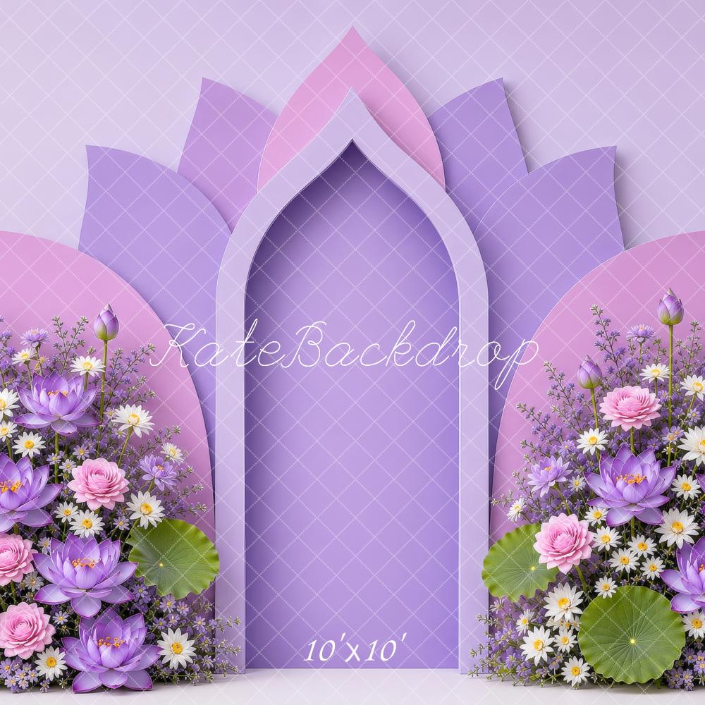 Kate Birthday Lotus Arch Purple Floral Printed Backdrop Designed by Shutter Swan Studios